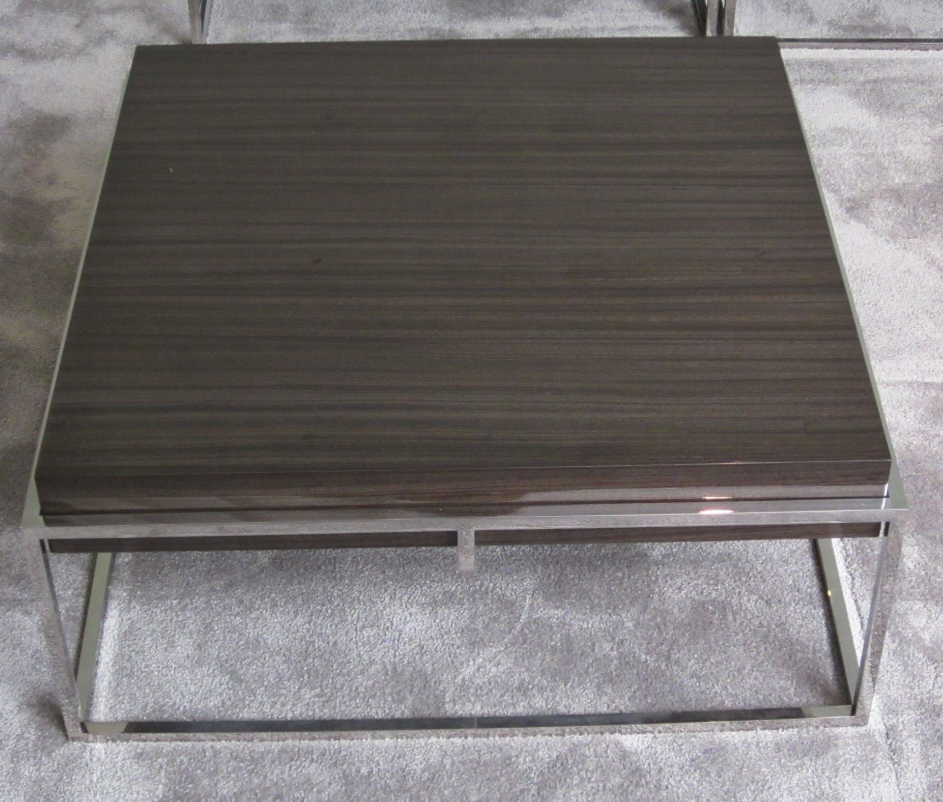 Belgian Square Polished Stainless Base, Wood Top Coffee Table, Belgium, Contemporary