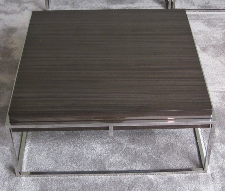 Belgian Square Polished Stainless Base, Wood Top Coffee Table, Belgium, Contemporary