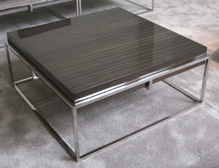 Laminated Square Polished Stainless Base, Wood Top Coffee Table, Belgium, Contemporary