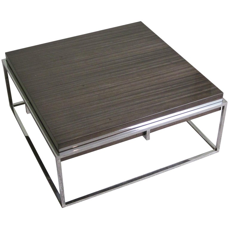 Square Polished Stainless Base, Wood Top Coffee Table, Belgium, Contemporary