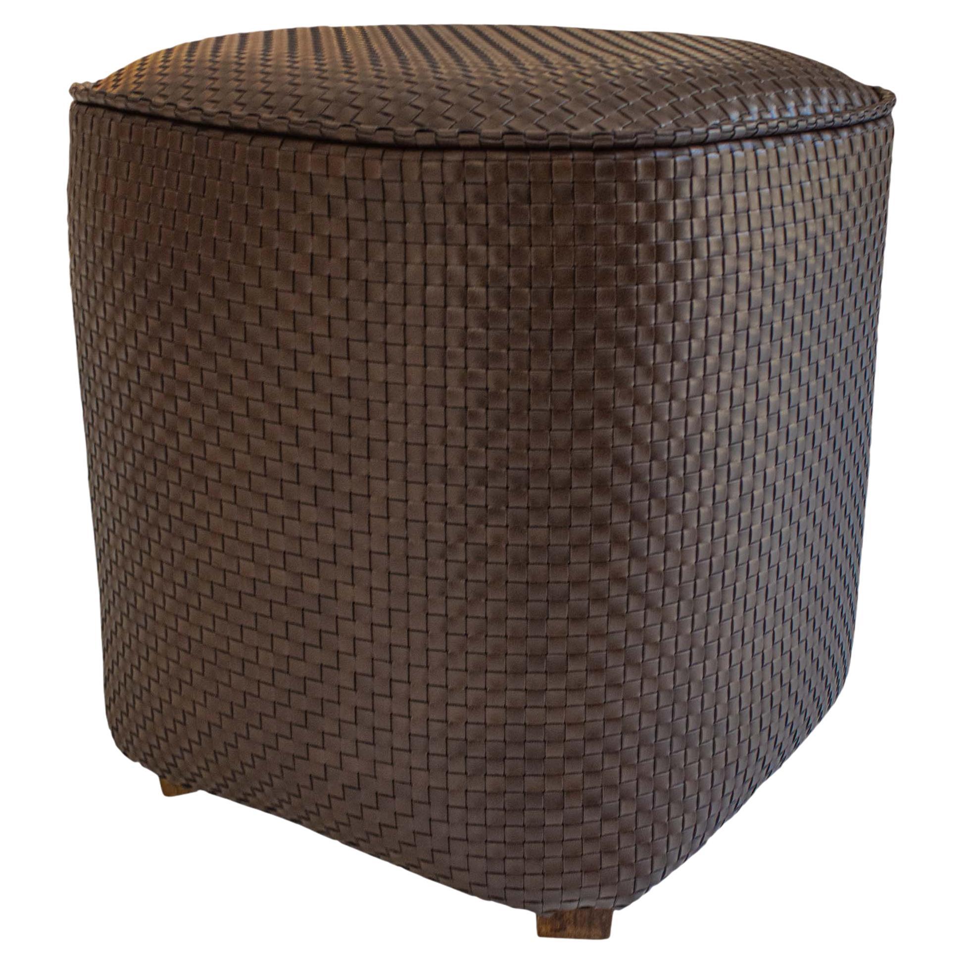Square Pouf in Woven Brown Eco Leather Fabric, Spain, 2025 For Sale