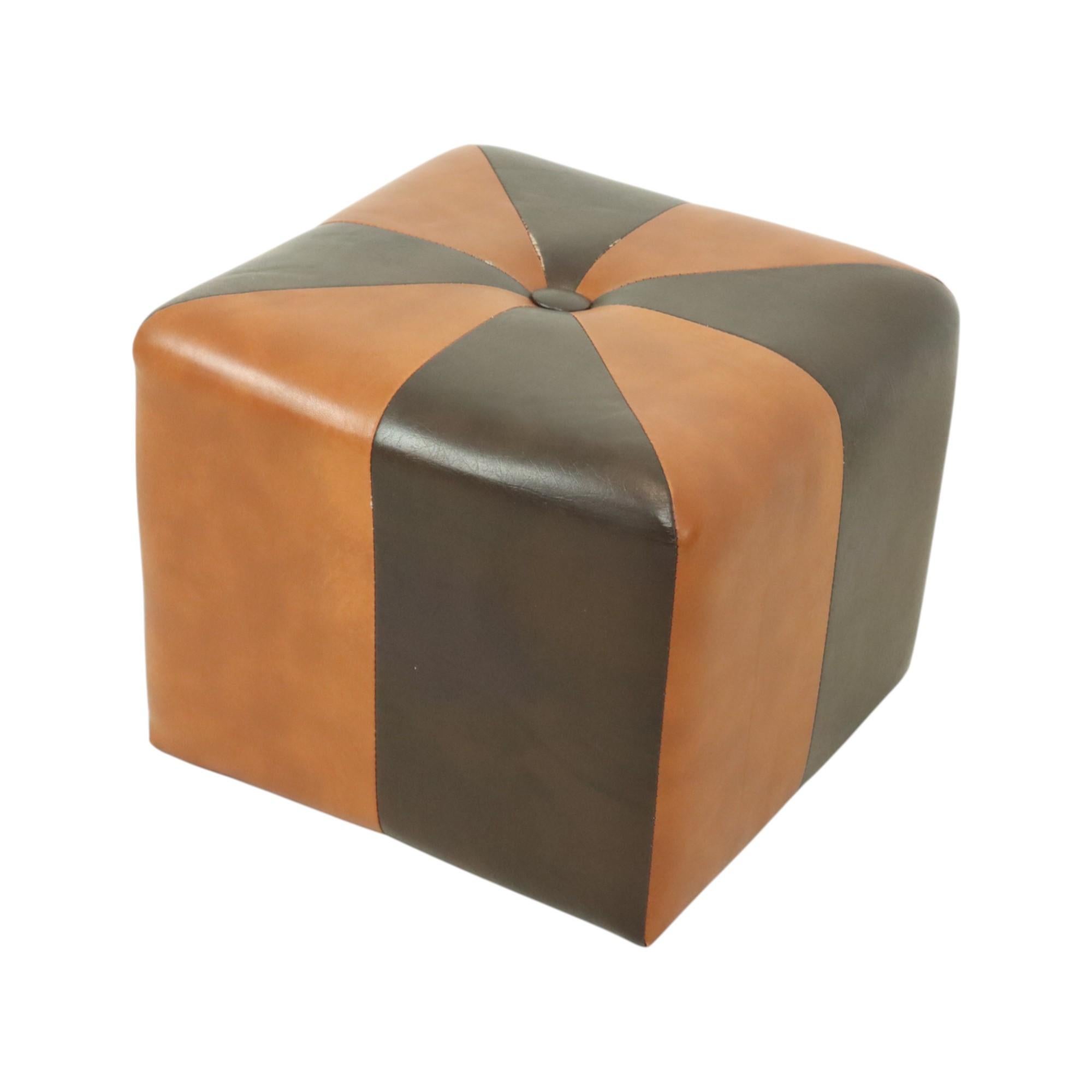 Quadratischer Hocker Skai Kunstleder Braun Kamel Patchwork 41cm (20. Jahrhundert) im Angebot