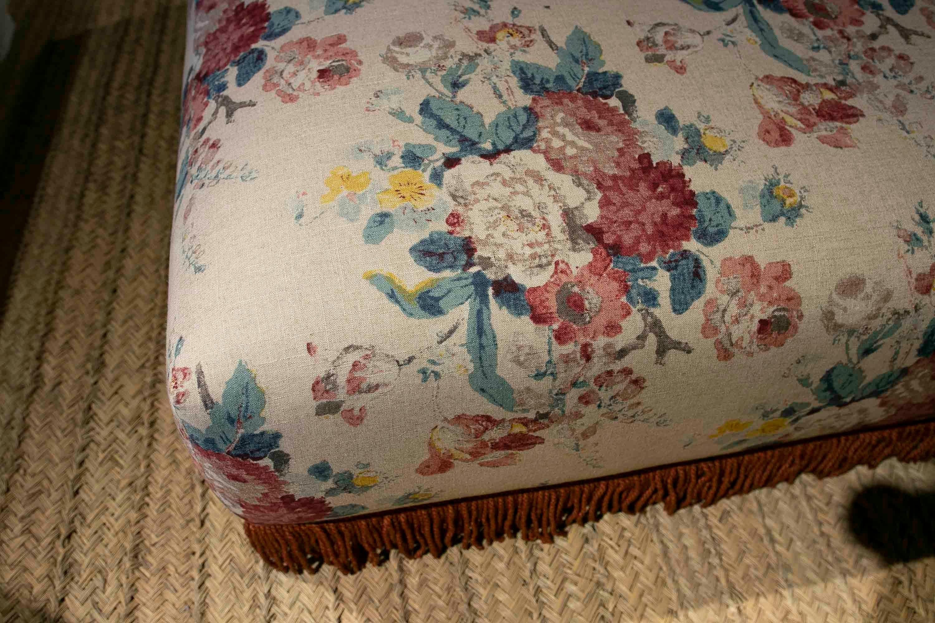 Square Pouf Upholstered with a New Fabric Flower Decoration in Blue Tones 5