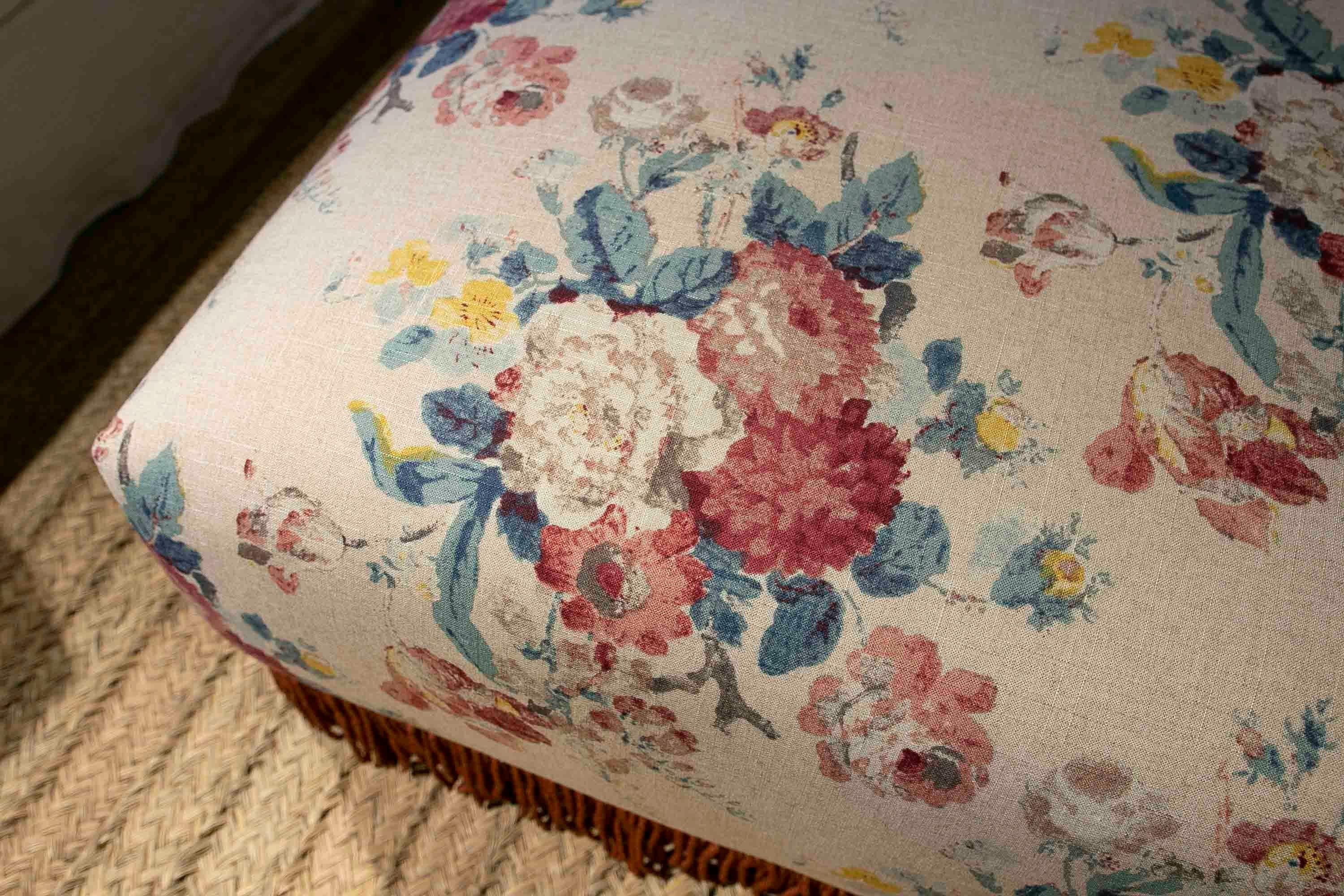 Square Pouf Upholstered with a New Fabric Flower Decoration in Blue Tones 6