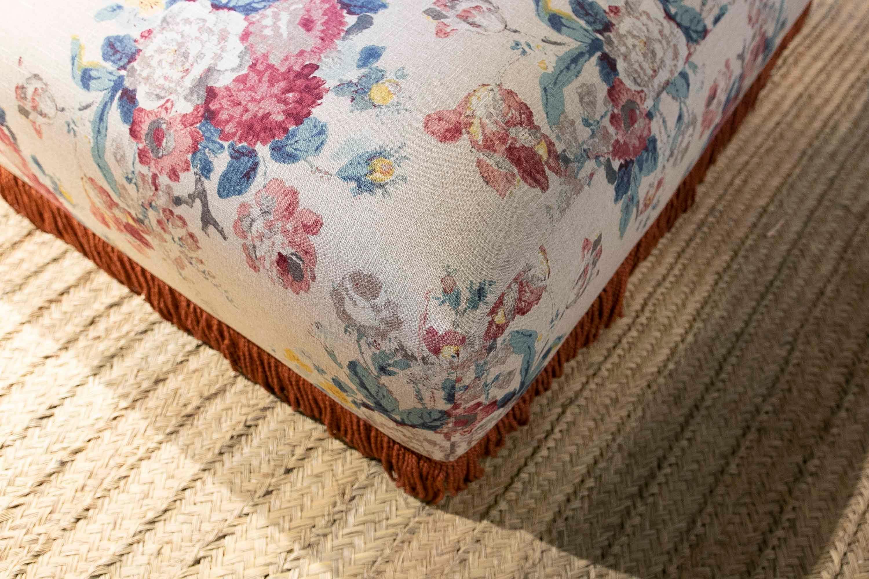Square Pouf Upholstered with a New Fabric Flower Decoration in Blue Tones 8