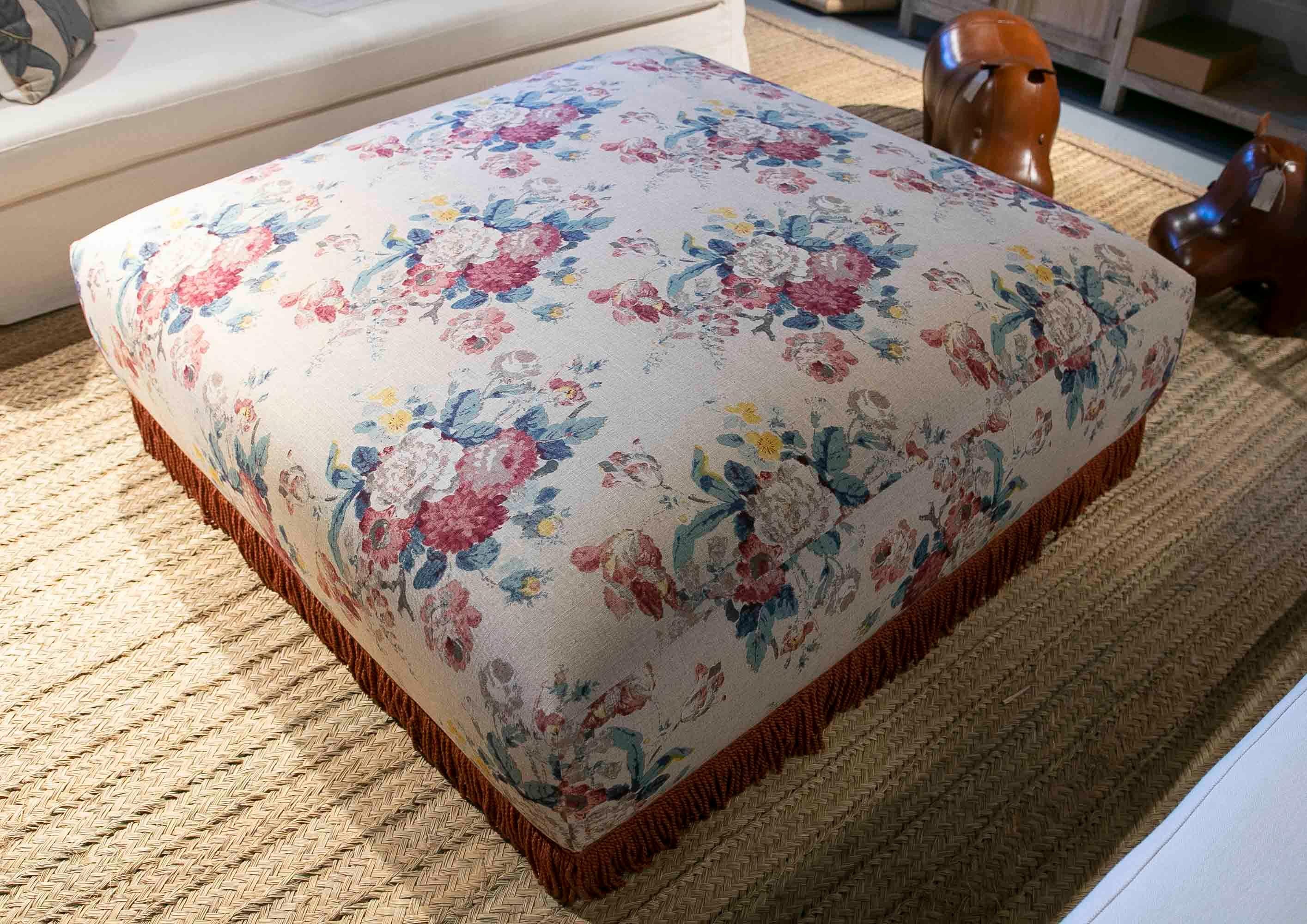 Square Pouf Upholstered with a New Fabric Flower Decoration in Blue Tones 12