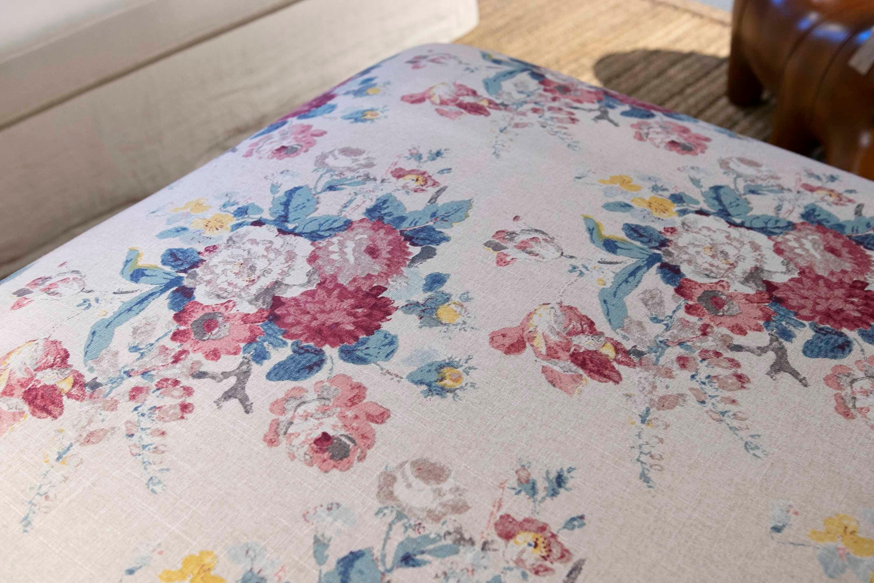 Square Pouf Upholstered with a New Fabric Flower Decoration in Blue Tones 14