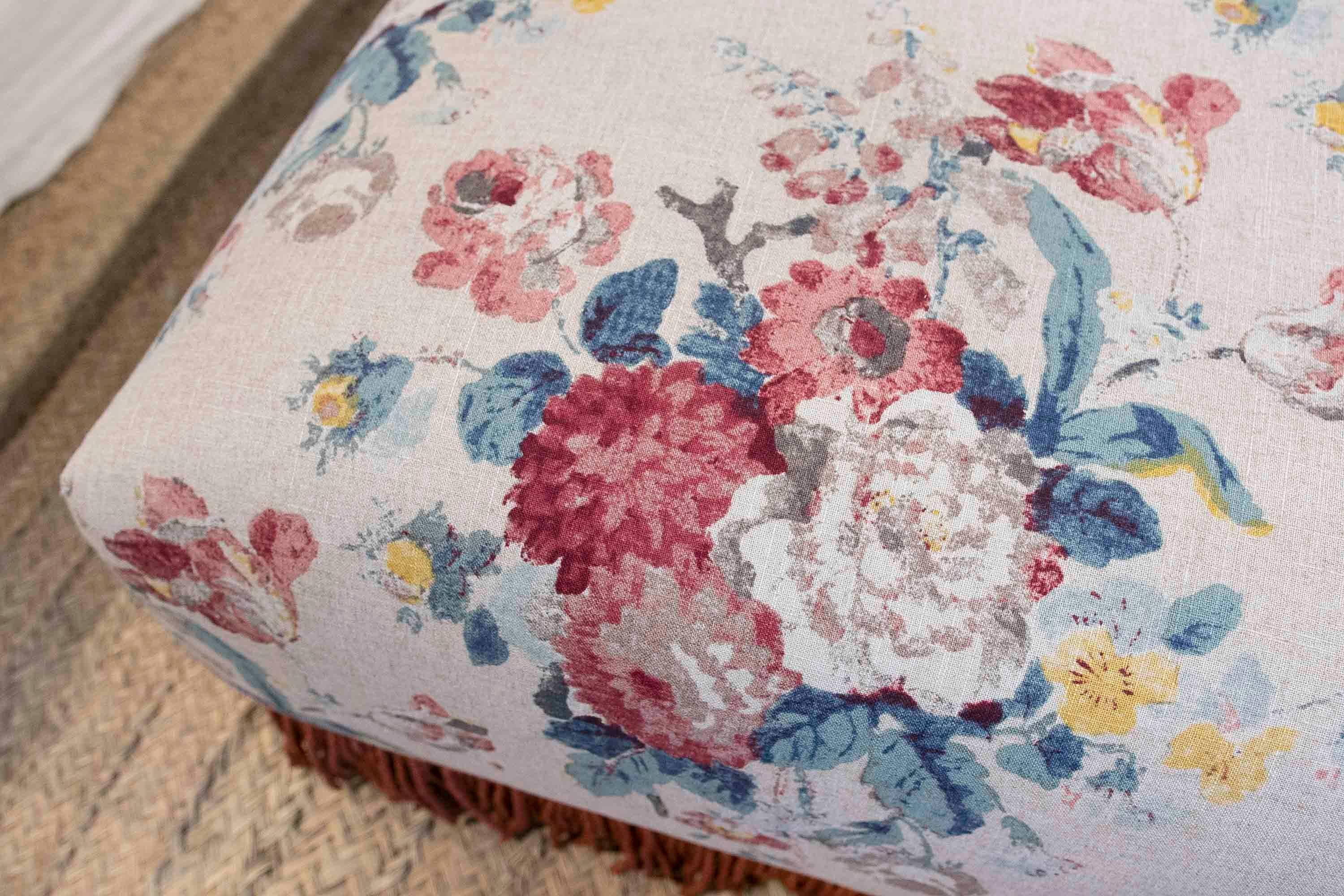 20th Century Square Pouf Upholstered with a New Fabric Flower Decoration in Blue Tones