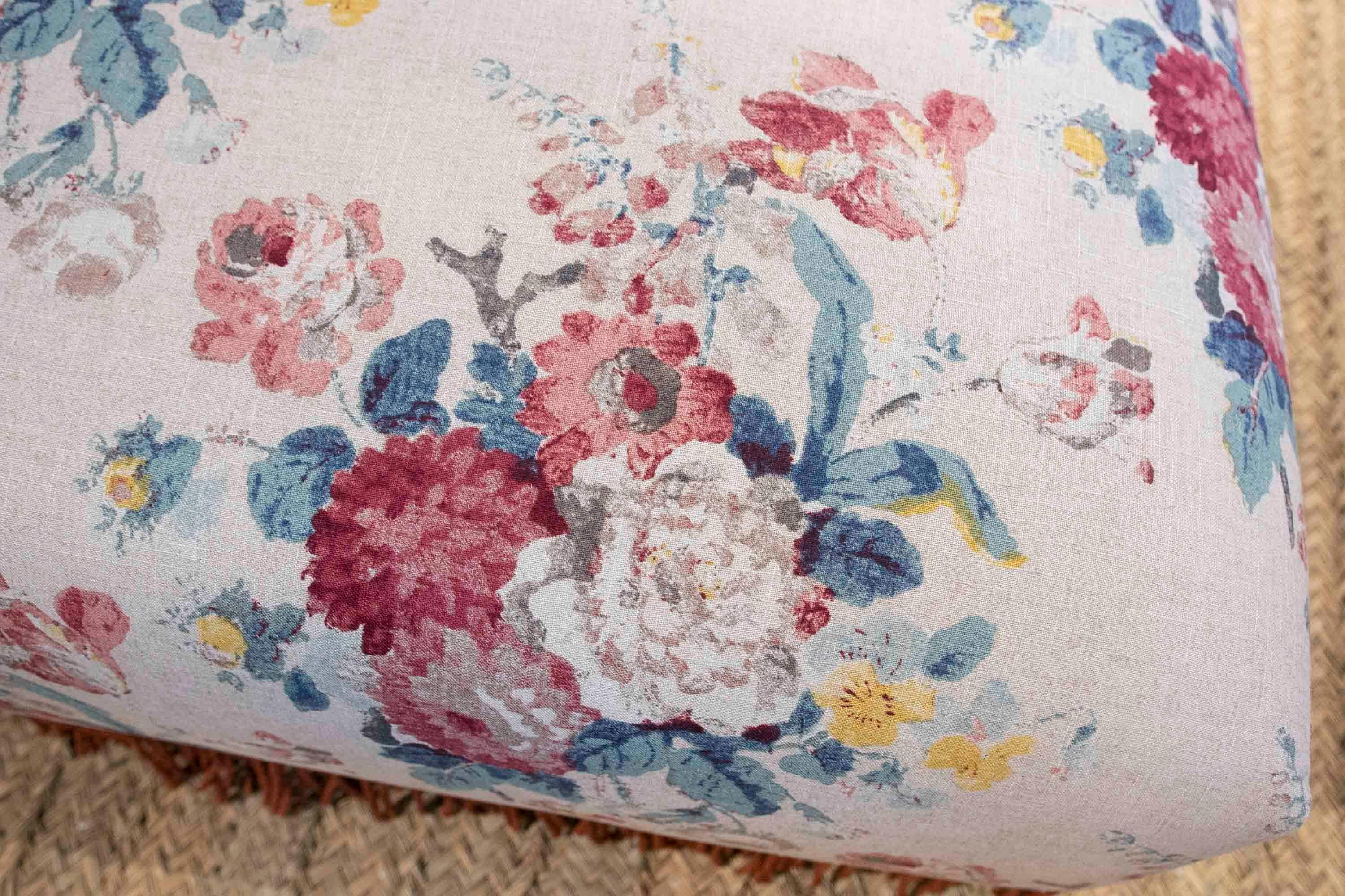 Square Pouf Upholstered with a New Fabric Flower Decoration in Blue Tones 2