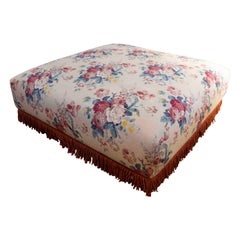 Square Pouf Upholstered with a New Fabric Flower Decoration in Blue Tones