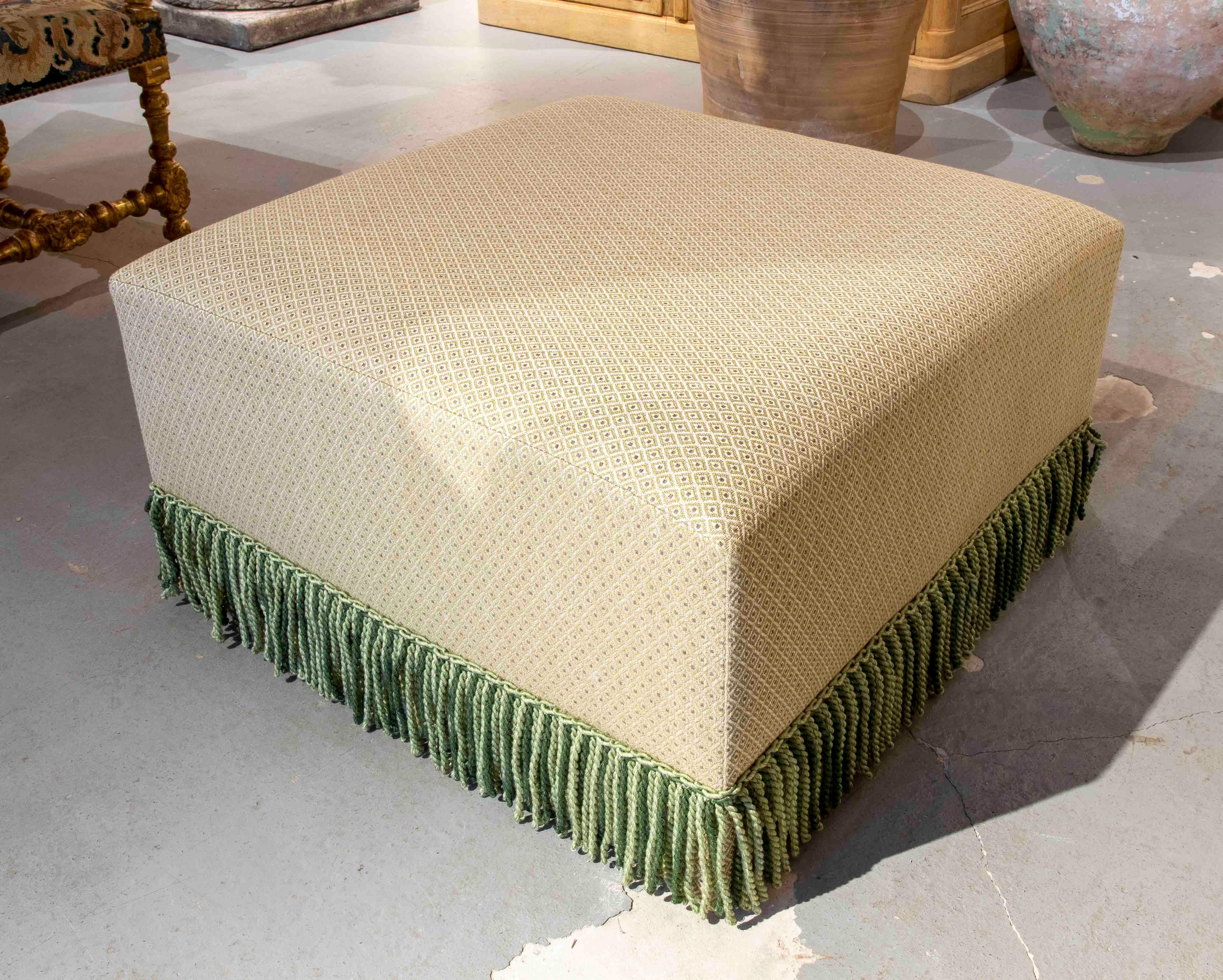 Spanish Square Pouf Upholstered with a New Fabric with Flower Decoration in Green Tones For Sale