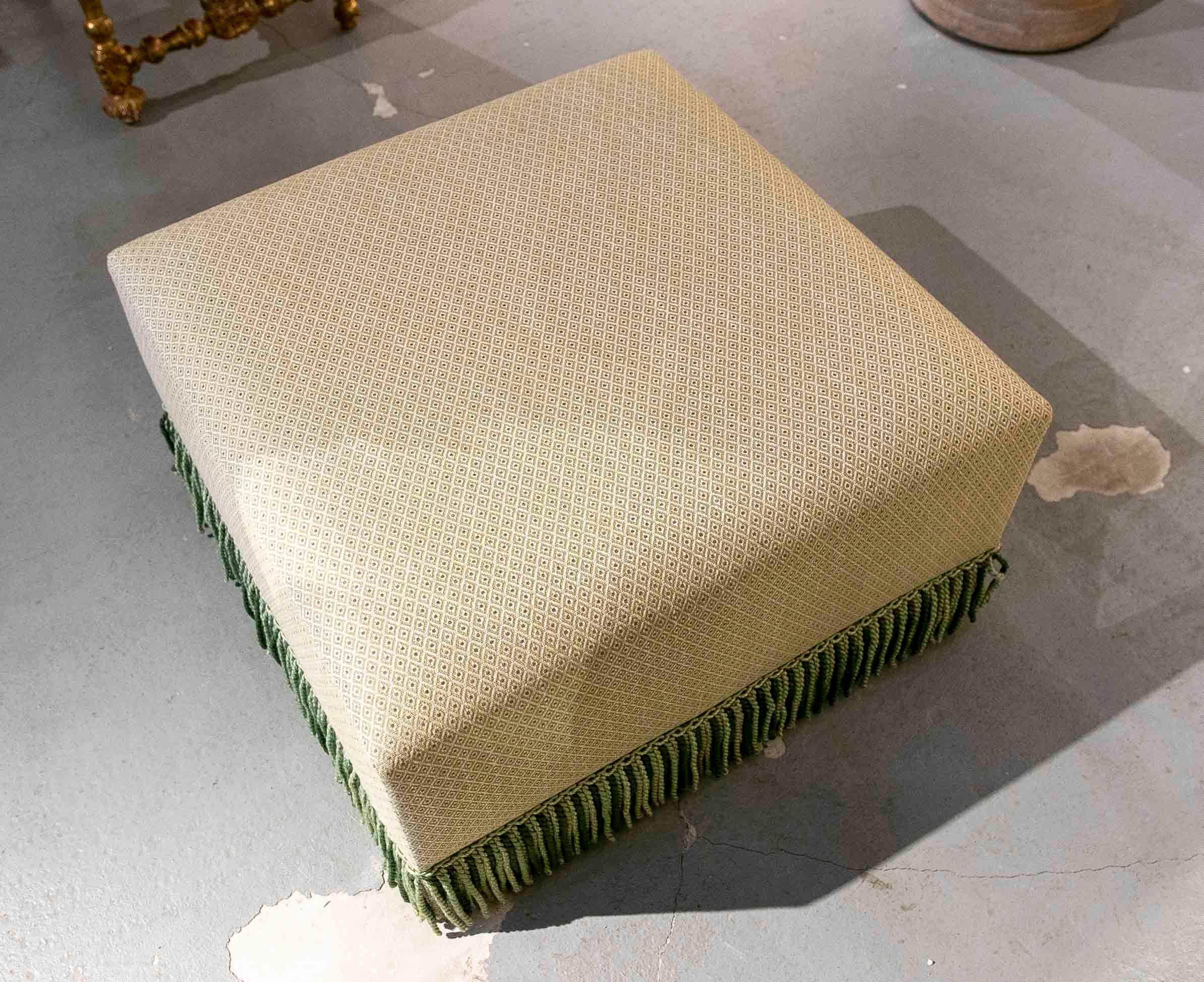 20th Century Square Pouf Upholstered with a New Fabric with Flower Decoration in Green Tones For Sale