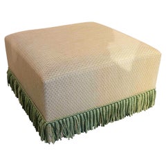 Square Pouf Upholstered with a New Fabric with Flower Decoration in Green Tones
