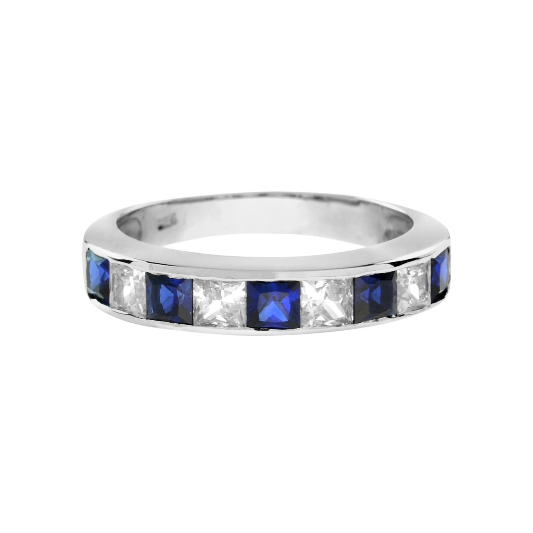 Square Cut Square Princess Cut Blue Sapphire Diamond Channel Set Half Eternity Band Ring For Sale