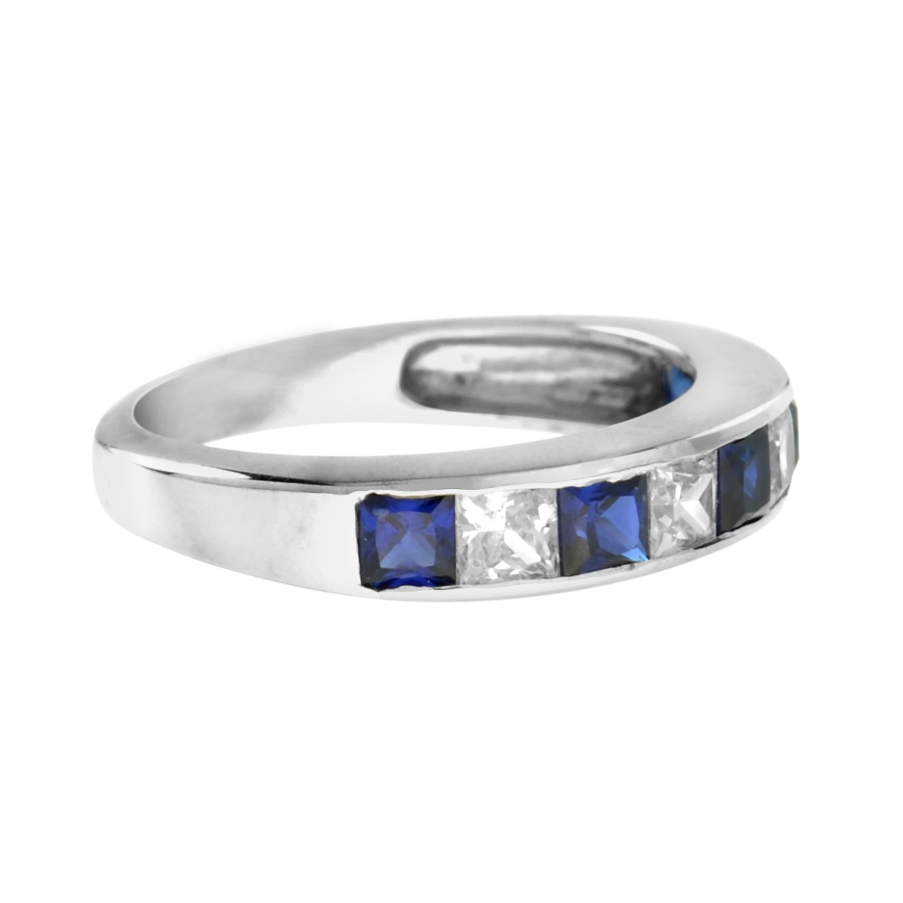 Square Princess Cut Blue Sapphire Diamond Channel Set Half Eternity Band Ring In New Condition For Sale In Oakton, VA