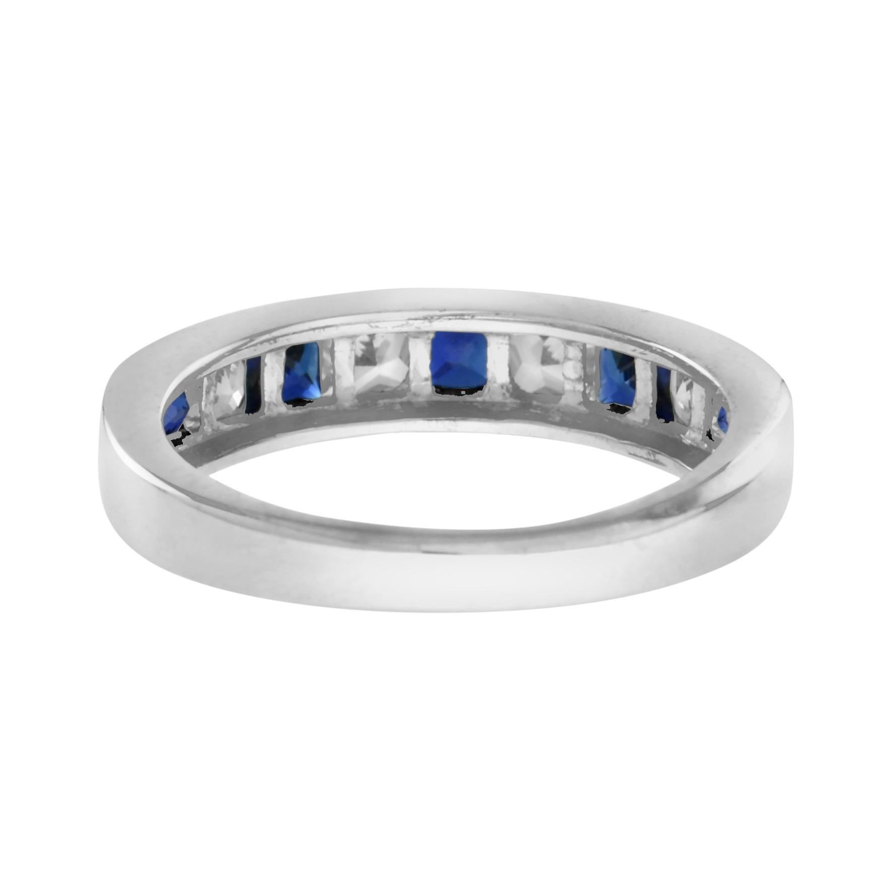 Women's Square Princess Cut Blue Sapphire Diamond Channel Set Half Eternity Band Ring For Sale