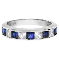 Square Princess Cut Blue Sapphire Diamond Channel Set Half Eternity Band Ring