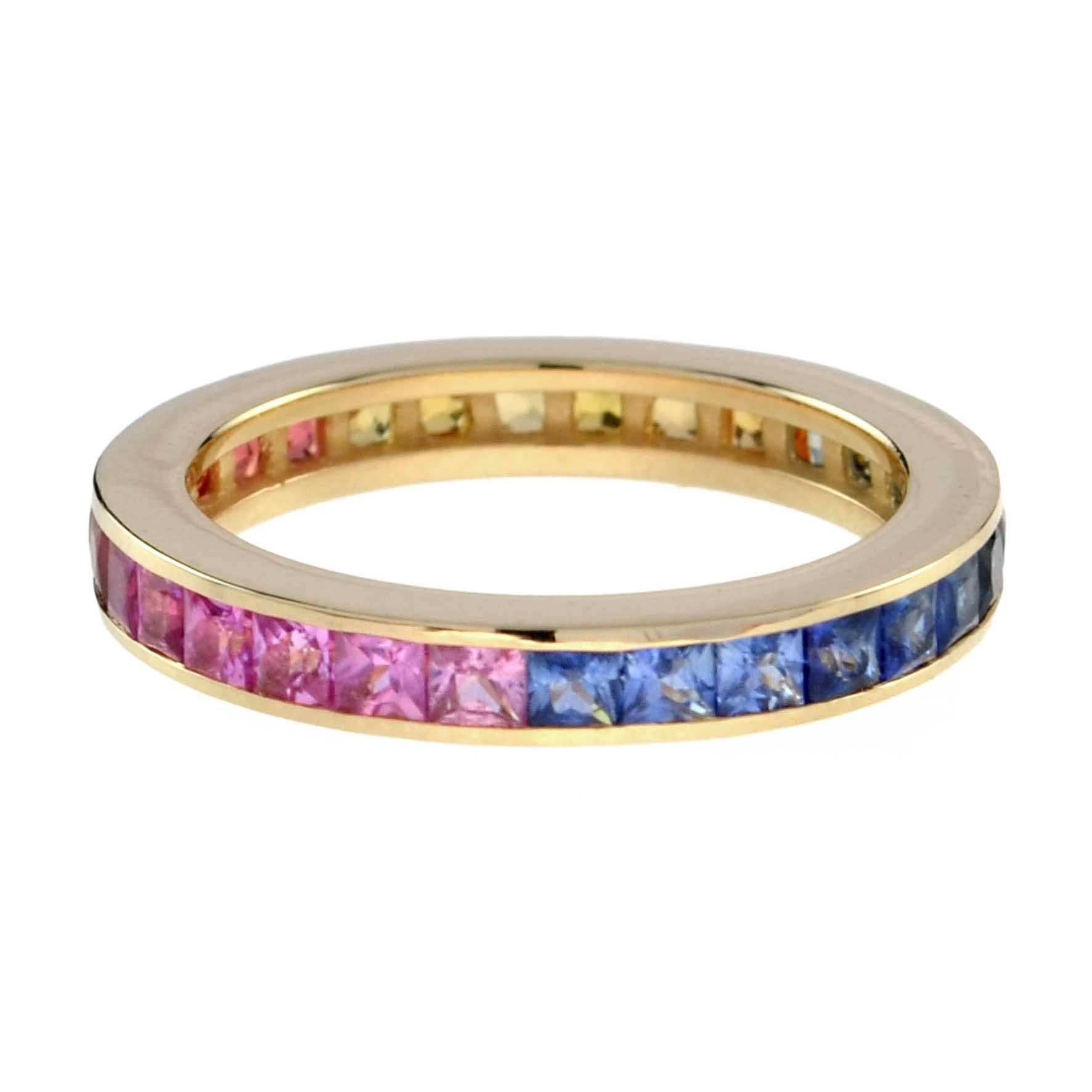 Explore our best seller eternity band! With the nice size of 2 mm. rainbow sapphires and the channel setting, this ring is as eye-catching and sensational as it is perfect for everyday wear. We handpick the sapphires very carefully to create a