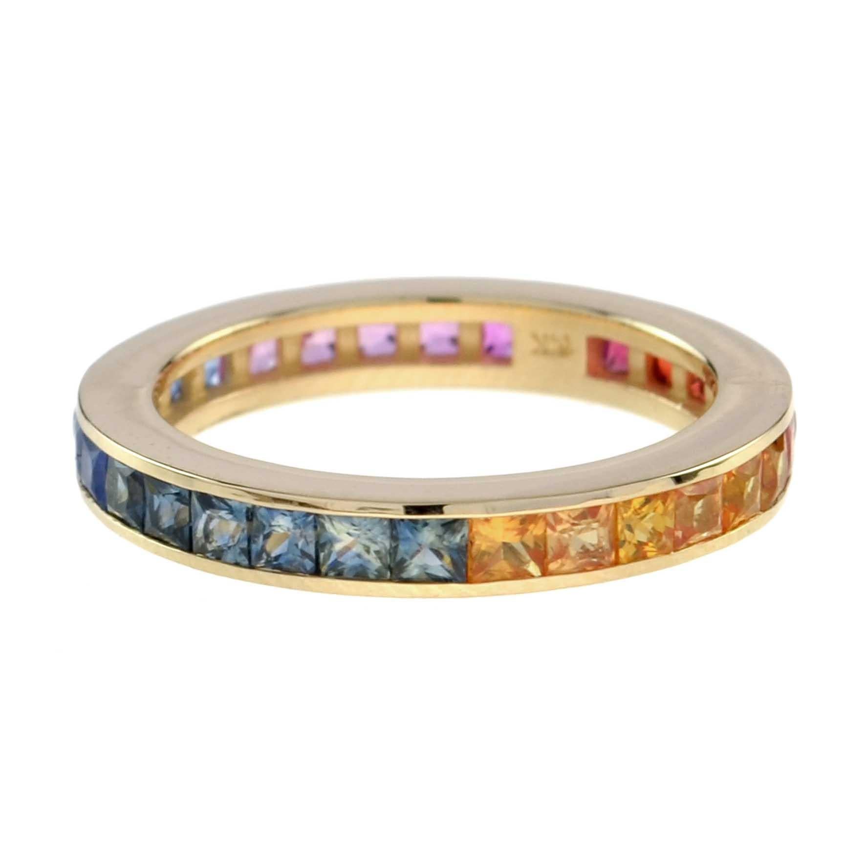 Art Déco Square Princess Cut Channel Set Rainbow Sapphire Eternity Band Rose Gold Ring in vendita
