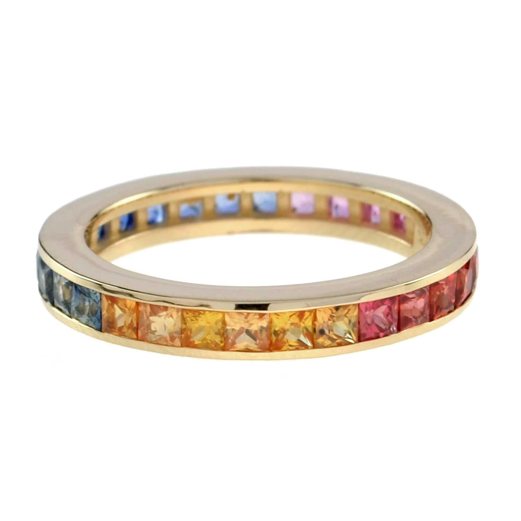 Quadrato Square Princess Cut Channel Set Rainbow Sapphire Eternity Band Rose Gold Ring in vendita