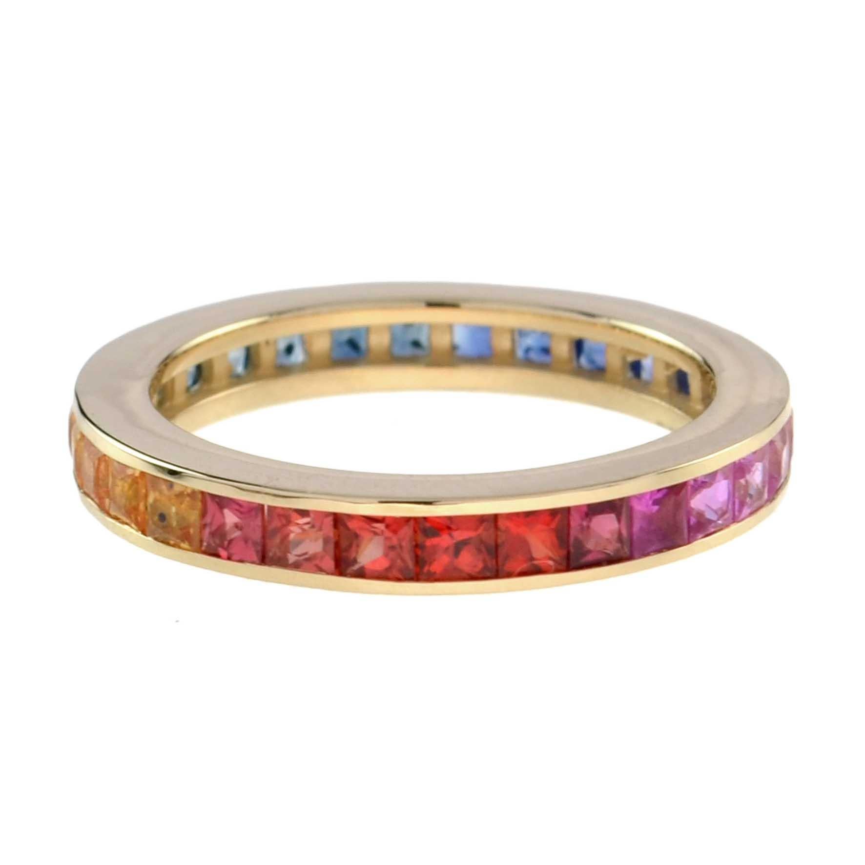 Square Princess Cut Channel Set Rainbow Sapphire Eternity Band Rose Gold Ring In condizioni Nuovo in vendita a Oakton, VA