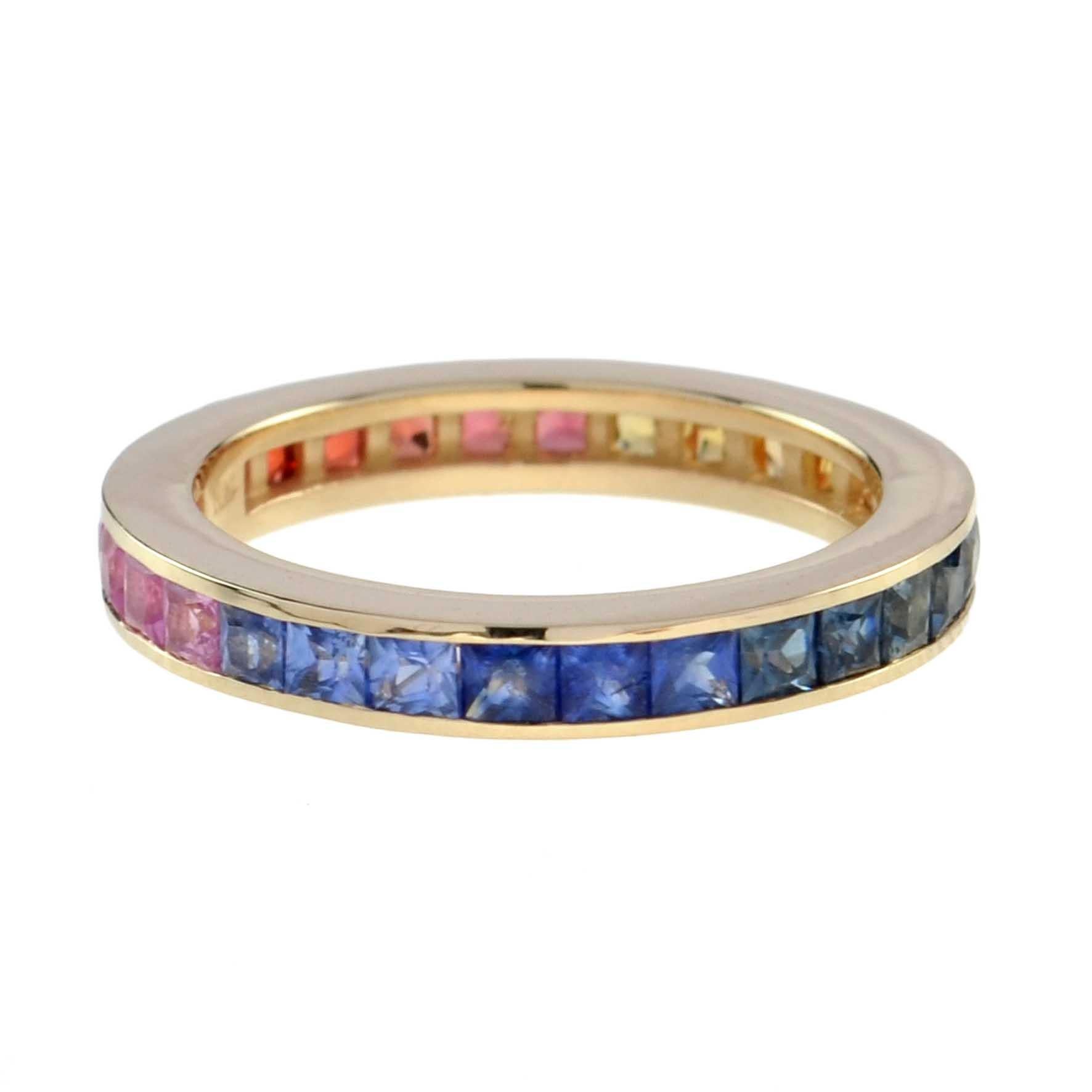 da uomo o donna Square Princess Cut Channel Set Rainbow Sapphire Eternity Band Rose Gold Ring in vendita