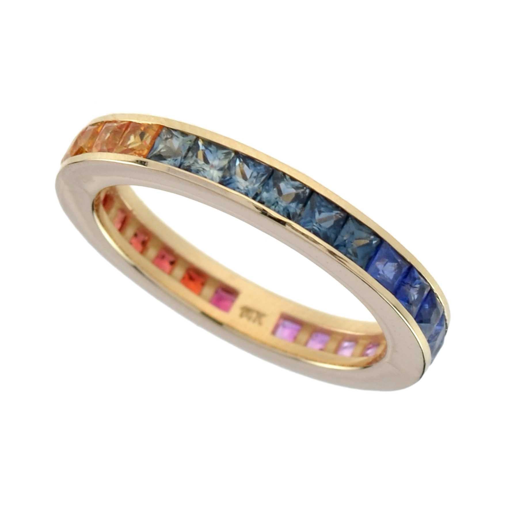 Square Princess Cut Channel Set Rainbow Sapphire Eternity Band Rose Gold Ring in vendita 1
