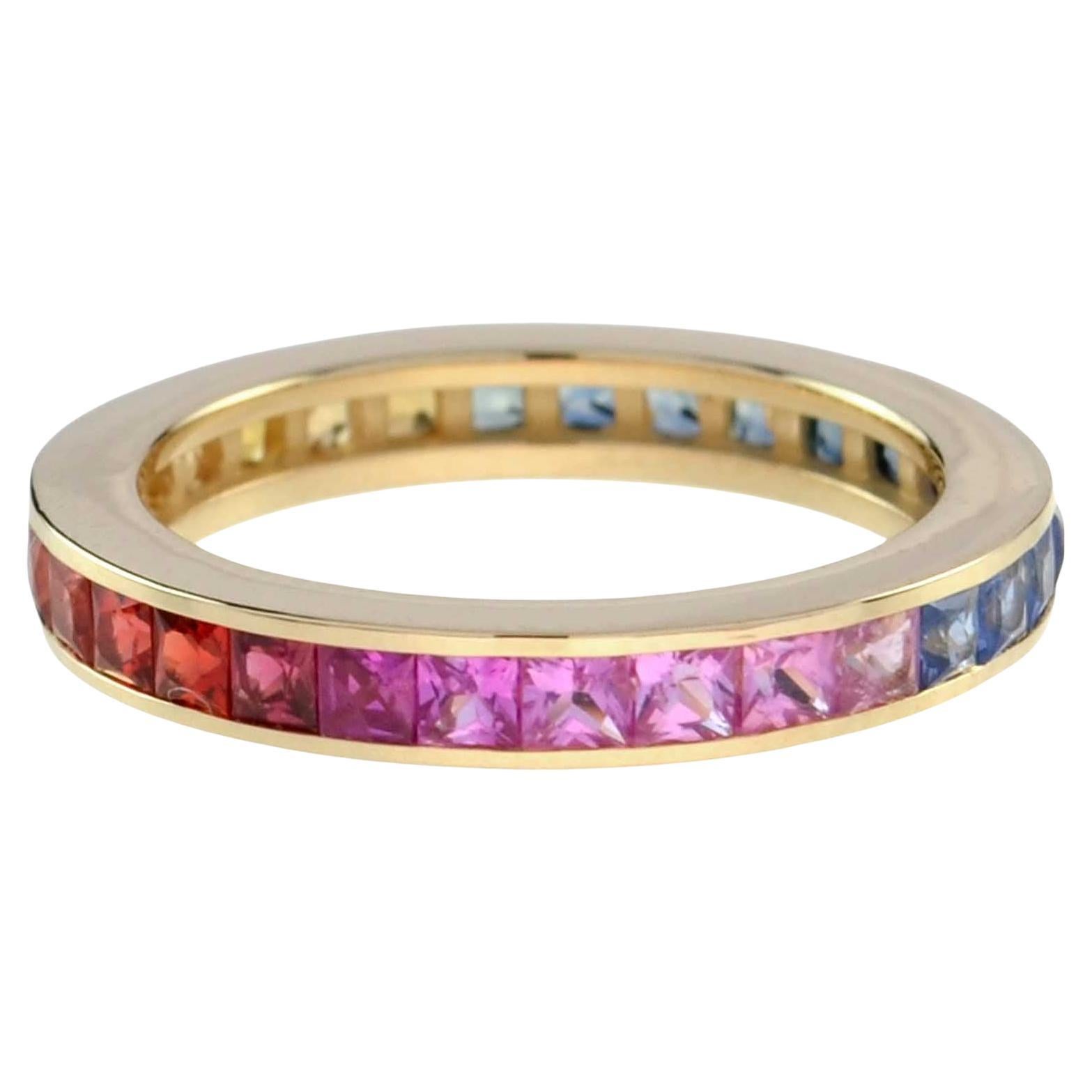 Square Princess Cut Channel Set Rainbow Sapphire Eternity Band Rose Gold Ring
