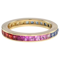 Square Princess Cut Channel Set Rainbow Sapphire Eternity Band Rose Gold Ring