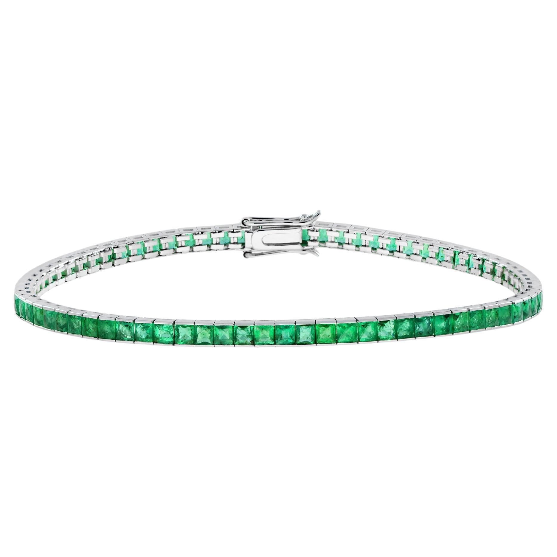 Esmeralda verde cuadrada talla princesa Clásica Línea Tenis Pulsera de oro blanco de 18 quilates