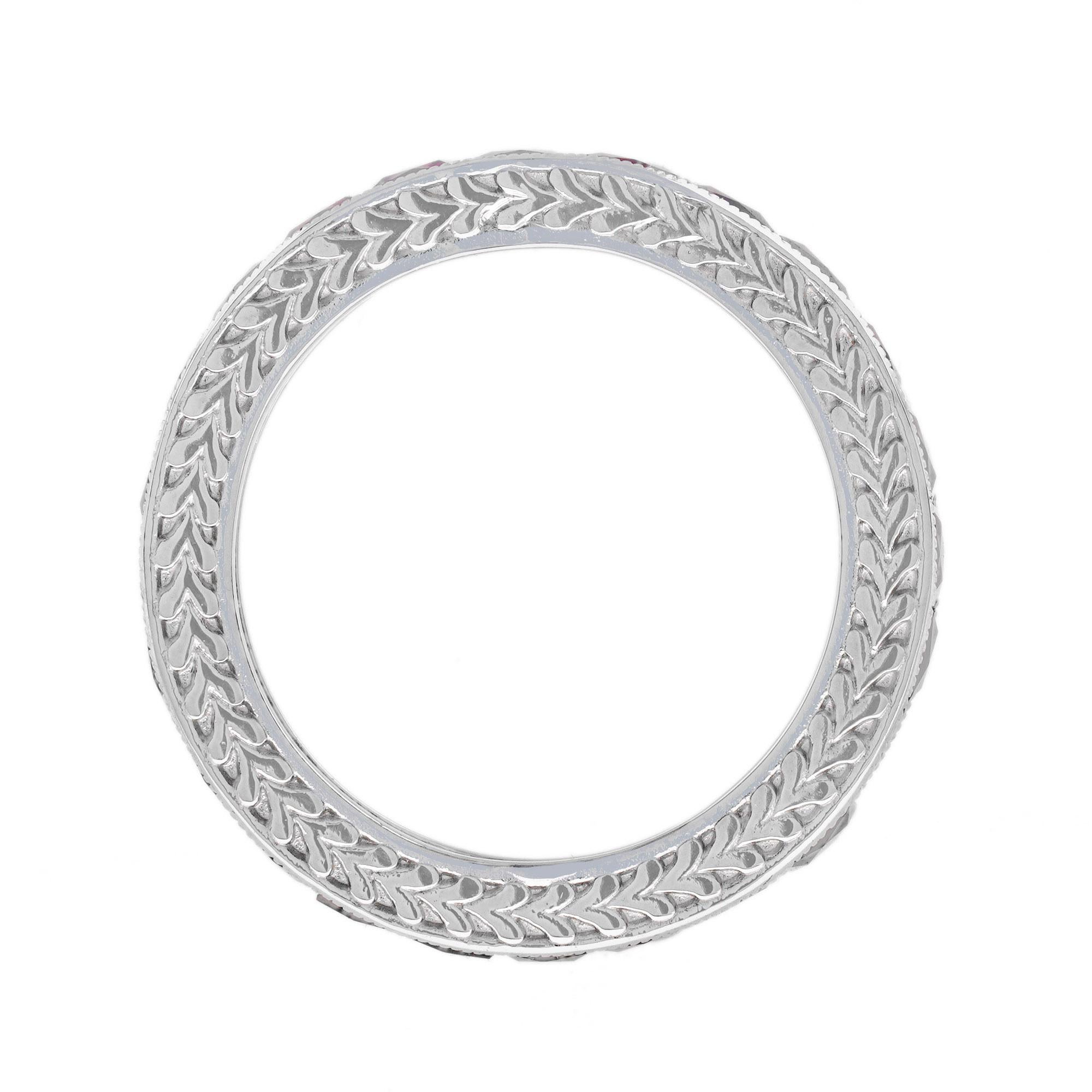 Taglio francese Square Princess Cut Red Pink Ruby Antique Style Eternity Band White Gold Ring in vendita