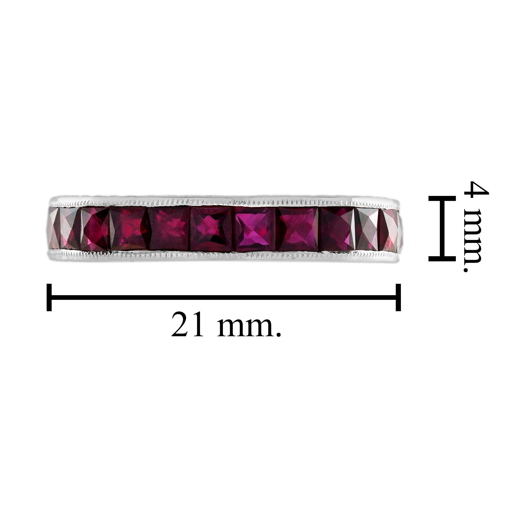 Square Princess Cut Red Pink Ruby Antique Style Eternity Band White Gold Ring in vendita 2