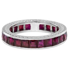 Square Princess Cut Red Pink Ruby Antique Style Eternity Band White Gold Ring