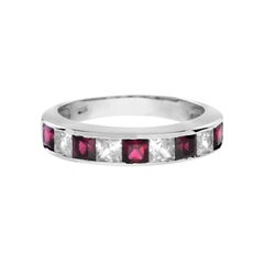Square Princess Cut Red Ruby & Diamond Channel Set Half Eternity Band Gold Ring