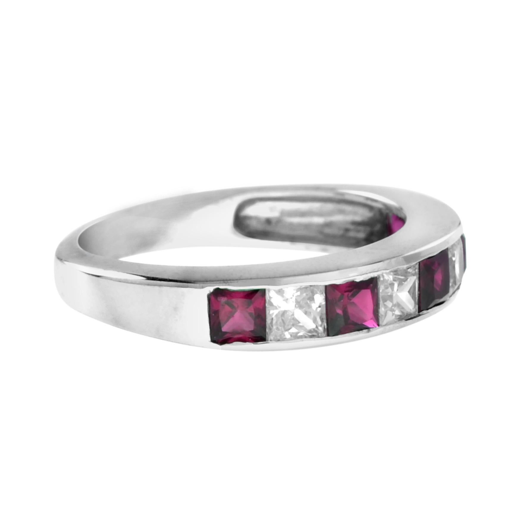 Art Deco Square Princess Cut Red Ruby & Diamond Channel Set Half Eternity Band Gold Ring For Sale