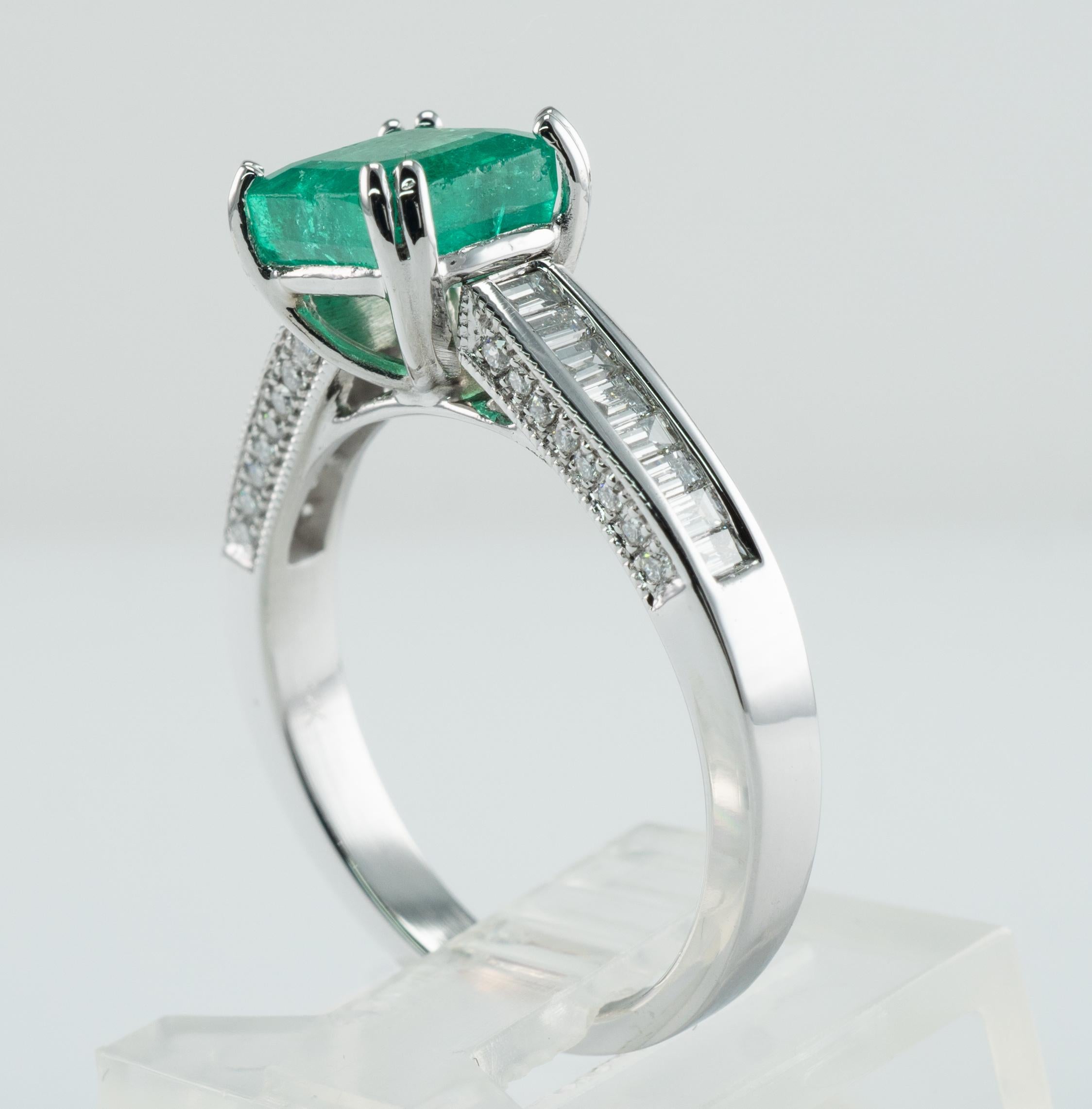 Square Princess Diamond Colombian Emerald Ring 14K White Gold Band Engagement For Sale 5
