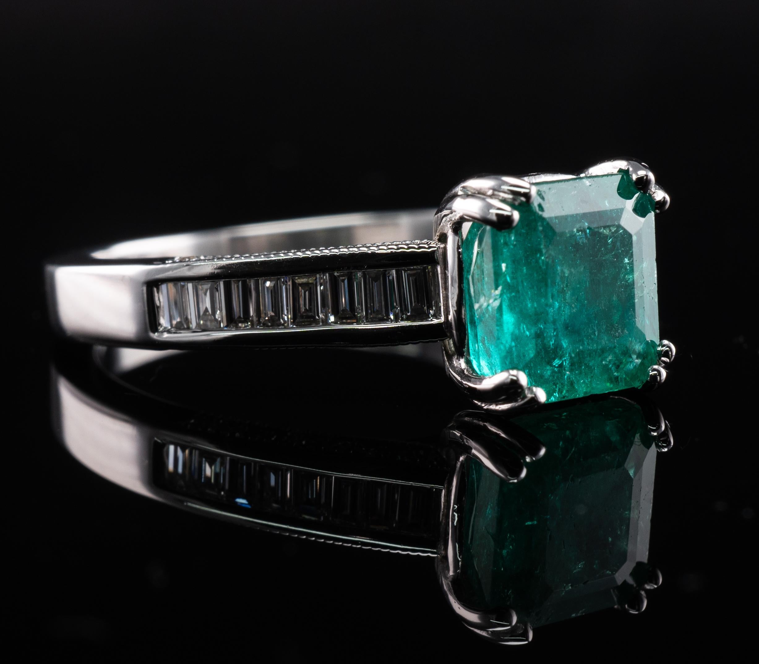 Square Princess Diamond Colombian Emerald Ring 14K White Gold Band Engagement For Sale 6
