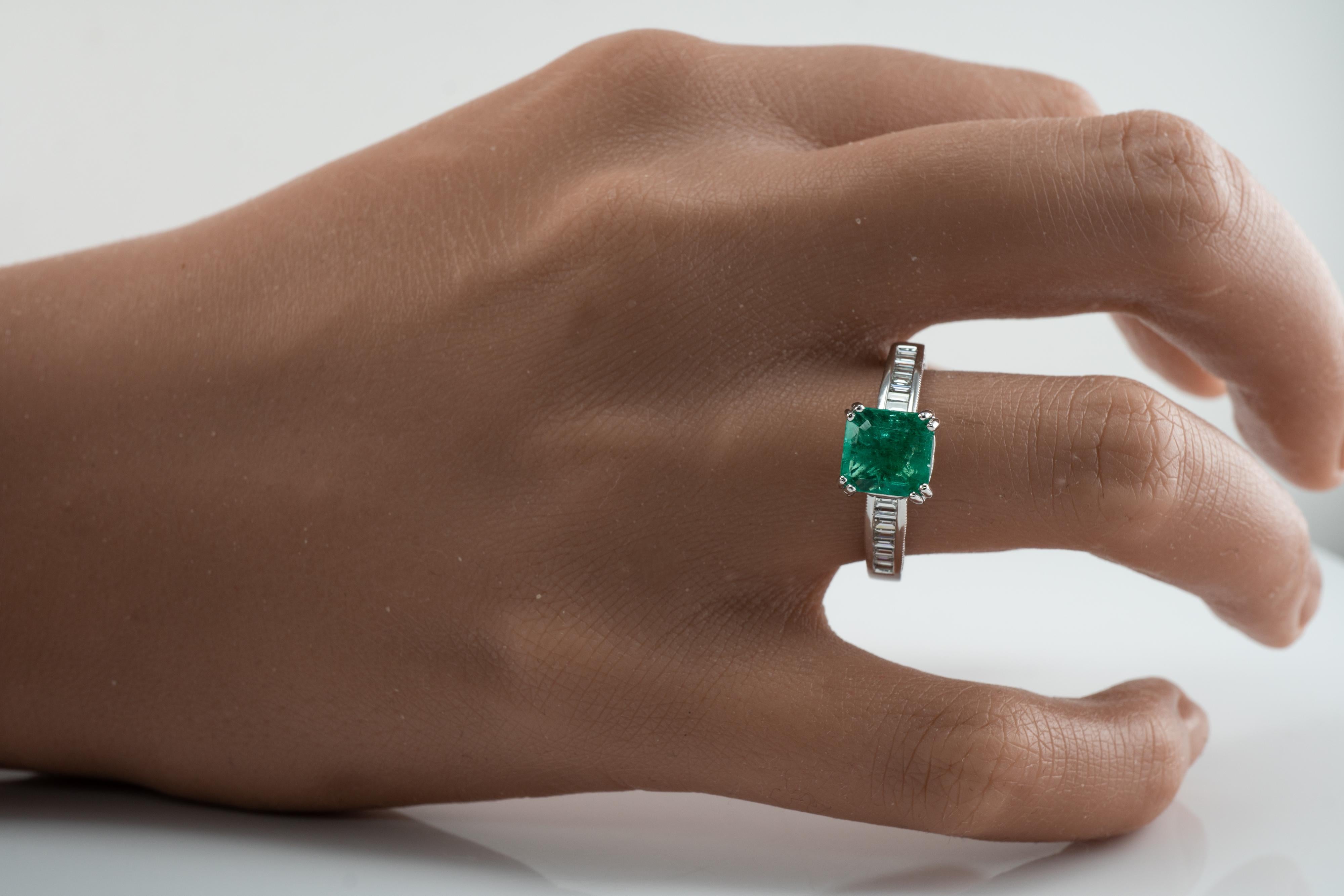 Square Princess Diamond Colombian Emerald Ring 14K White Gold Band Engagement For Sale 7