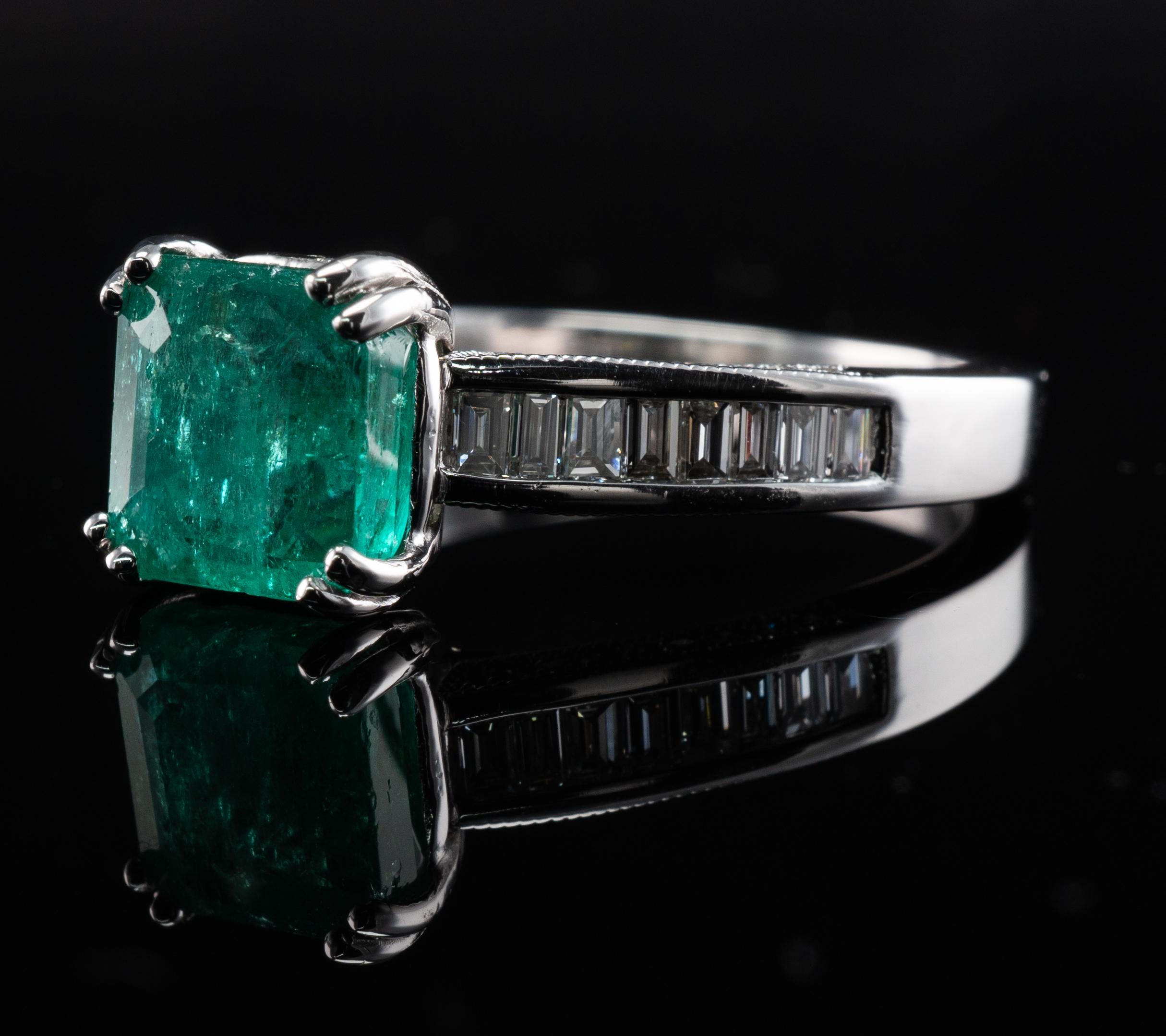 Square Princess Diamond Colombian Emerald Ring 14K White Gold Band Engagement For Sale 8