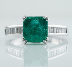Square Princess Diamond Colombian Emerald Ring 14K White Gold Band Engagement