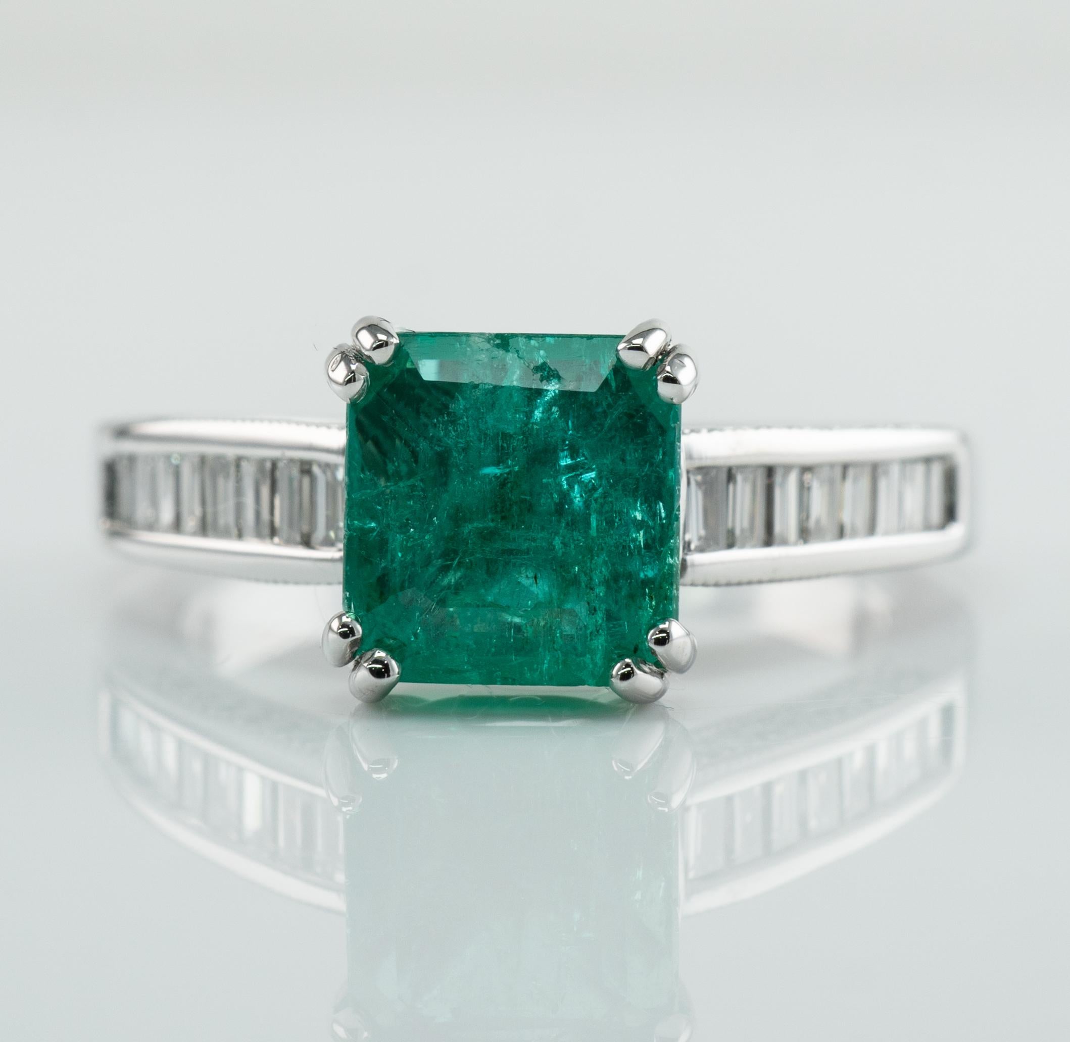 Square Princess Diamond Colombian Emerald Ring 14K White Gold Band Engagement For Sale 3