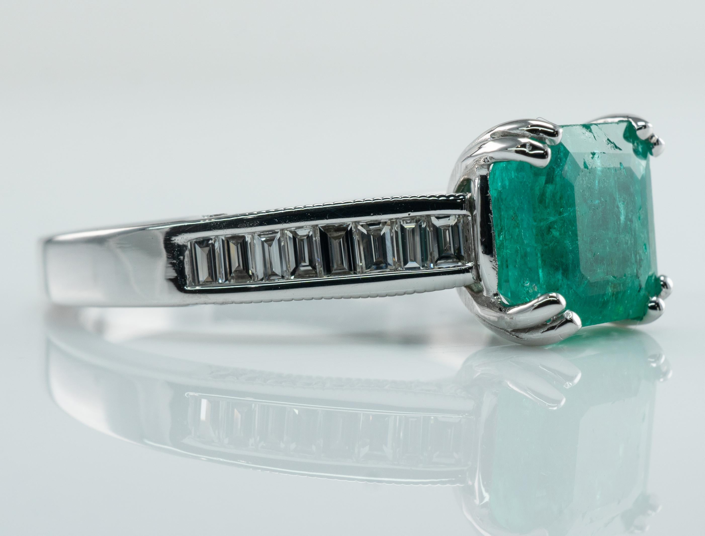 Square Princess Diamond Colombian Emerald Ring 14K White Gold Band Engagement For Sale 4