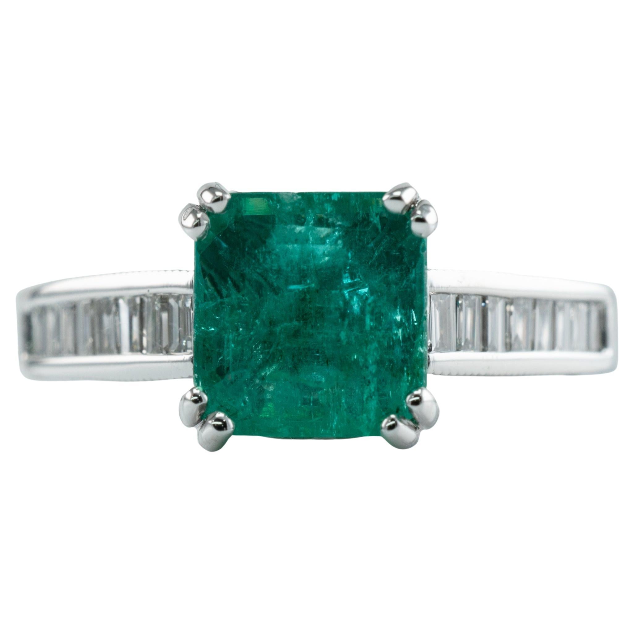 Square Princess Diamond Colombian Emerald Ring 14K White Gold Band Engagement For Sale