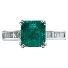 Square Princess Diamond Colombian Emerald Ring 14K White Gold Band Engagement