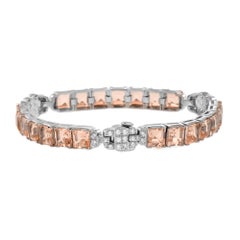 Square Princess Shape Line Peach Orange Morganite & Diamonds White Gold Bracelet