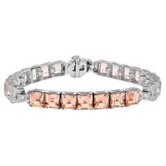 Square Princess Shape Line Peach Orange Morganite & Diamonds White Gold Bracelet