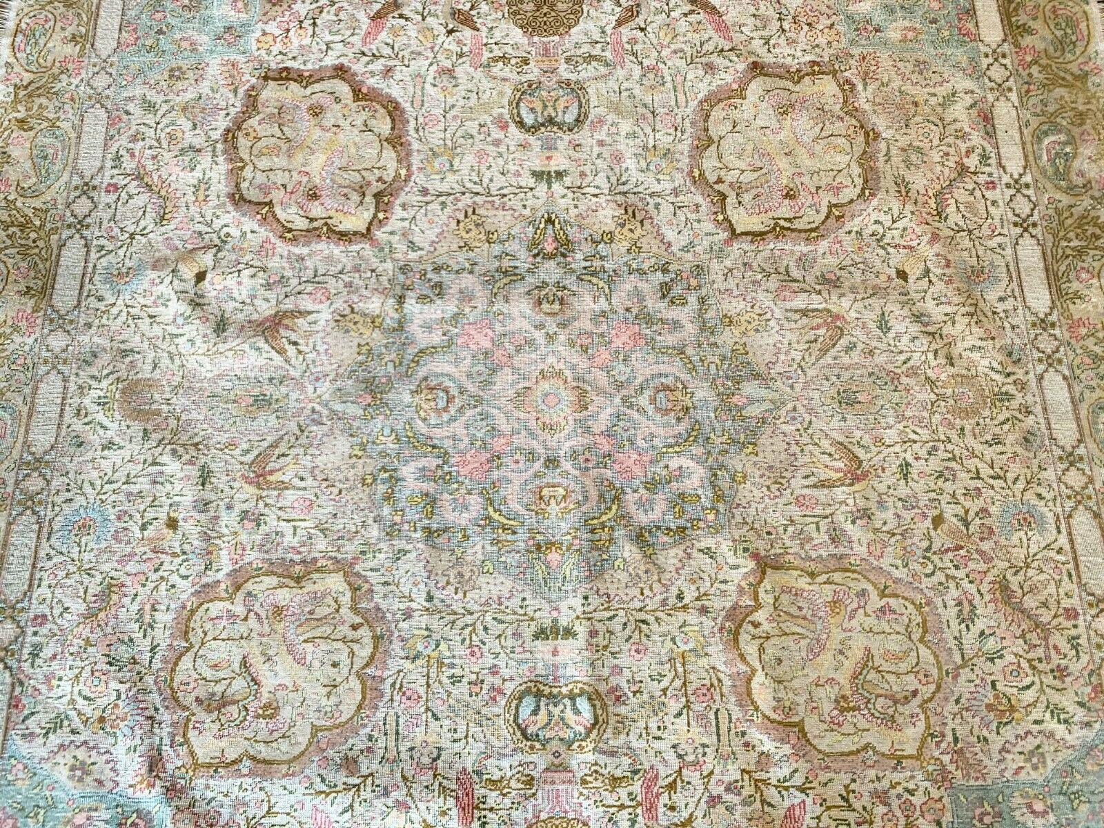 Hand-Knotted Square Pure Silk Turkish Distressed Rug, circa 1900 For Sale