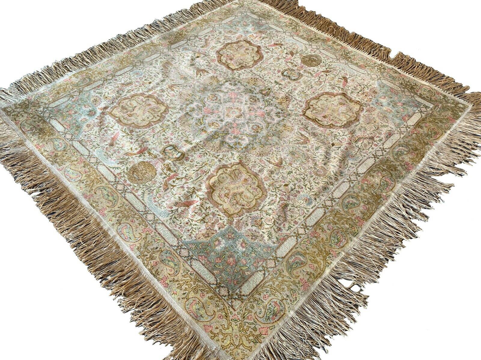 20th Century Square Pure Silk Turkish Distressed Rug, circa 1900 For Sale