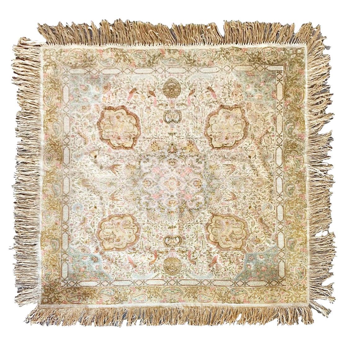 Square Pure Silk Turkish Distressed Rug, circa 1900 For Sale
