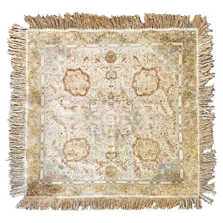 Square Pure Silk Turkish Distressed Rug, circa 1900 For Sale at 1stDibs